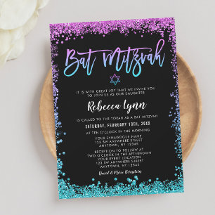 Lila Türkis Faux Glitter Bat Mitzvah Einladung