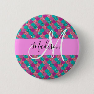 Lila Türkis Meerjungfrau Glitter Funkeln Monogramm Button