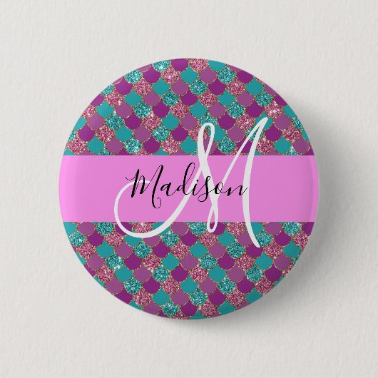 Lila Türkis Meerjungfrau Glitter Funkeln Monogramm Button (Vorderseite)