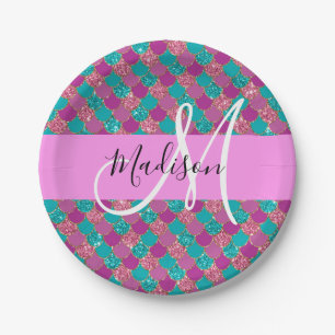 Lila Türkis Meerjungfrau Glitter Funkeln Monogramm Pappteller