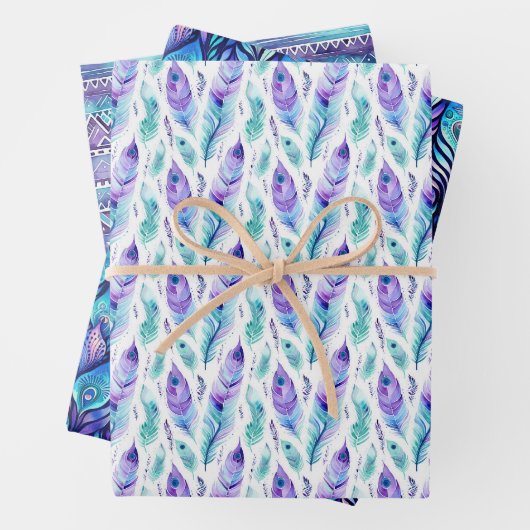 Lila Türkis Peacock Feathers Geschenkpapier Set (Beispiel)