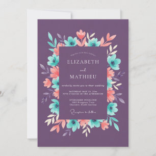 Lila Türkis Pfirsich Aquarell Florale Hochzeit Einladung