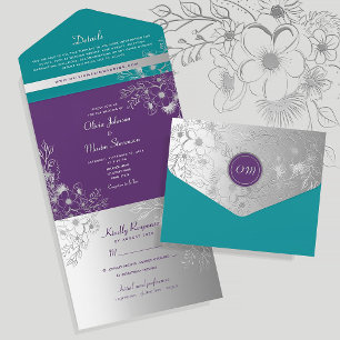 Lila Türkis Silber Blumen Hochzeit All In One Einladung