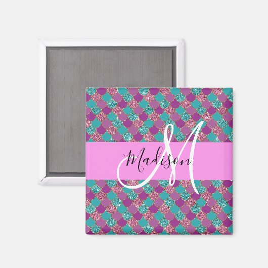 Lila Türkisblume Glitzer Glitzern Monogram Magnet (Vorderseite/Rückseite)