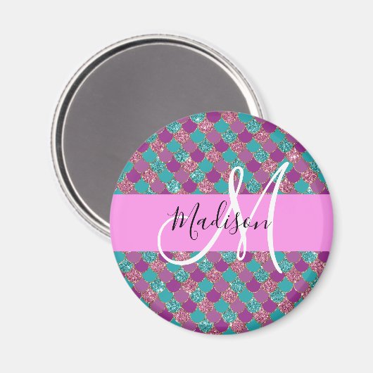 Lila Türkisblume Glitzer Glitzern Monogram Magnet (Vorderseite/Rückseite)