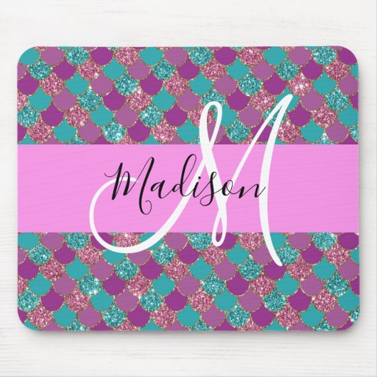 Lila Türkisblume Glitzer Glitzern Monogram Mousepad (Vorne)
