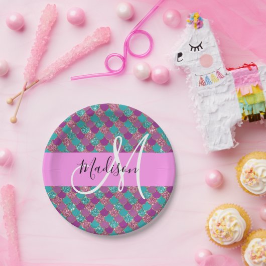 Lila Türkisblume Glitzer Glitzern Monogram Pappteller (Party)