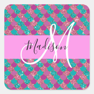 Lila Türkisblume Glitzer Glitzern Monogram Quadratischer Aufkleber