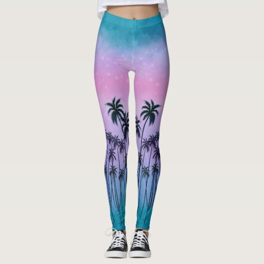 Lila-türkisfarbene Palmen Leggings (Vorderseite)