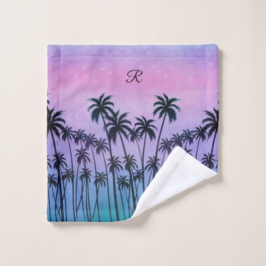 Lila-türkisfarbene PalmTrees mit oder ohne Initial Badhandtuch Set (Waschlappen)