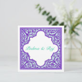 Lila türkisfarbene Vintage Rahmen Hochzeitsempfehl Einladung (Stehend Vorderseite)