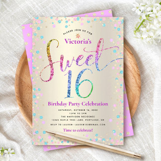 Lila türkisfarbener Glitzer Sweet 16 Birthday Gold Einladung