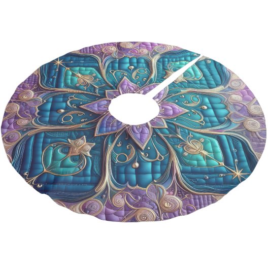 Lila türkisfarbenes blaues Abstract Design Polyester Weihnachtsbaumdecke (Schrägansicht)