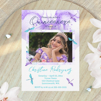 Lila, türkisfarbenes Orchid, Libellen Quinceanera Einladung