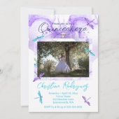 Lila, türkisfarbenes Orchid, Libellen Quinceanera Einladung (Vorderseite)