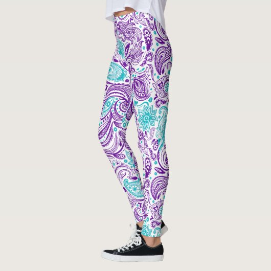 Lila türkisfarbenes und weißes Paisley-Muster Leggings (Links)
