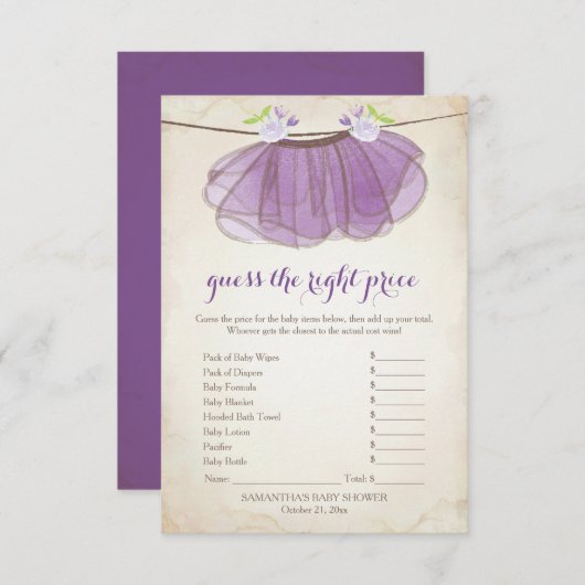 Lila Tutu raten das richtige Preisspiel Einladung (Vorne/Hinten)