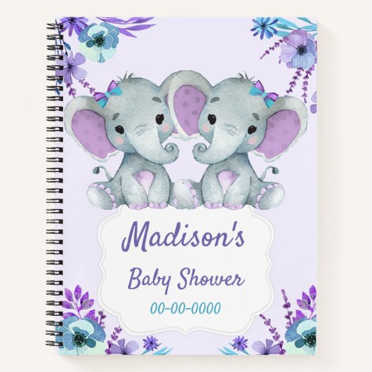 Lila Twins Elephant Memory Book Baby Dusche Aquama Notizblock (Vorderseite)