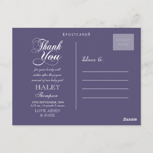 Lila Typografie Foto Baby Danke Post Card Postkarte (Rückseite)