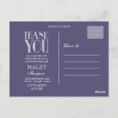 Lila Typografie Foto Baby Danke Post Card Postkarte (Rückseite)