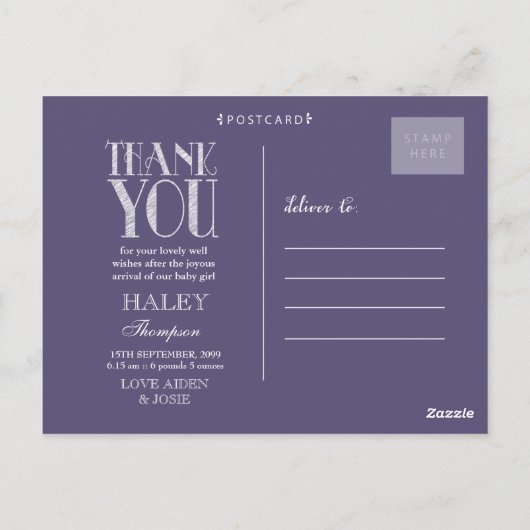 Lila Typografie Foto Baby Danke Post Card Postkarte (Rückseite)
