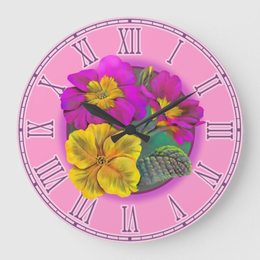 Lila u. gelbe feine botanische Wanduhr des Primula (Vorderseite)