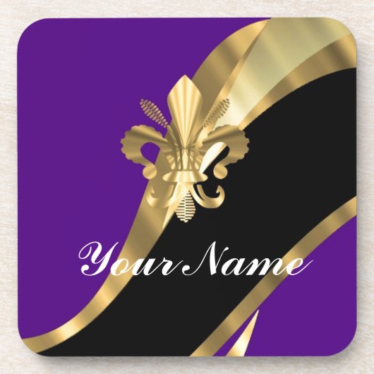 Lila u. gold Fleur de Lys Getränkeuntersetzer (Vorderseite)