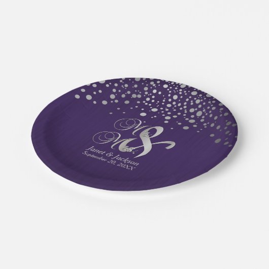 Lila u. silberne Punkte Pappteller (Schrägansicht)