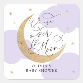 Lila Über den Mond Baby Shower Quadratischer Aufkleber