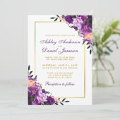 Lila Ultra-Violet-Floral-Gold-Hochzeitsreise mit P Einladung (Stehend Vorderseite)