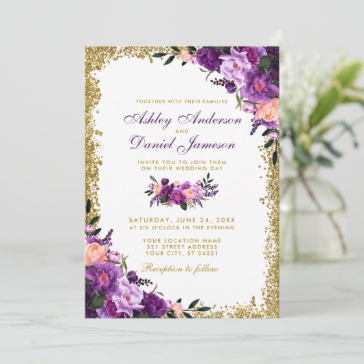 Lila Ultra-Violet-Glitzer-Hochzeit Einladung (Stehend Vorderseite)