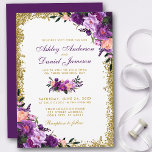 Lila Ultra-Violet-Glitzer-Hochzeit Einladung<br><div class="desc">Aquarellfarben Lila Ultra-Violet Floral Gold Glitzer Hochzeitskarte - Lila Script - Lila Back</div>