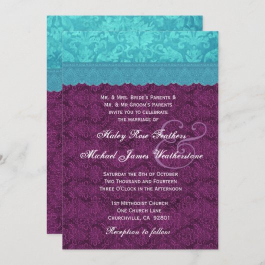 Lila und Aqua-blauer Damast, der G500C Wedding ist Einladung (Vorne/Hinten)
