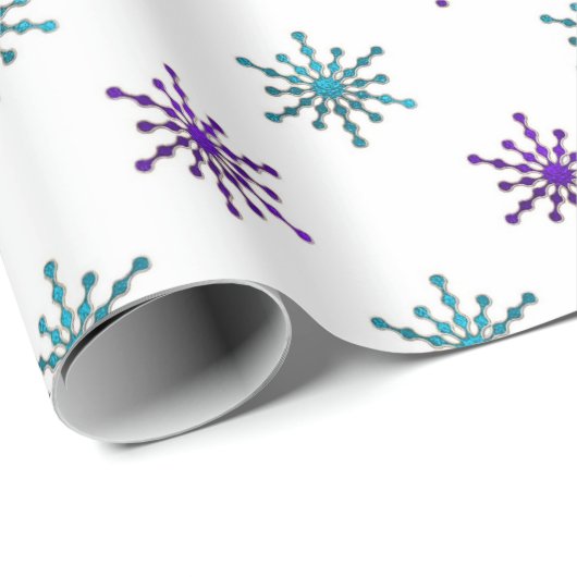 Lila und Aqua-Schneeflocken auf Weiß Geschenkpapier (Rolleneckpunkt)