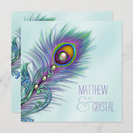 Lila und Aquamarine Blue Peacock-Hochzeit Einladung (Vorne/Hinten)