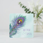 Lila und Aquamarine Blue Peacock-Hochzeit Einladung (Stehend Vorderseite)