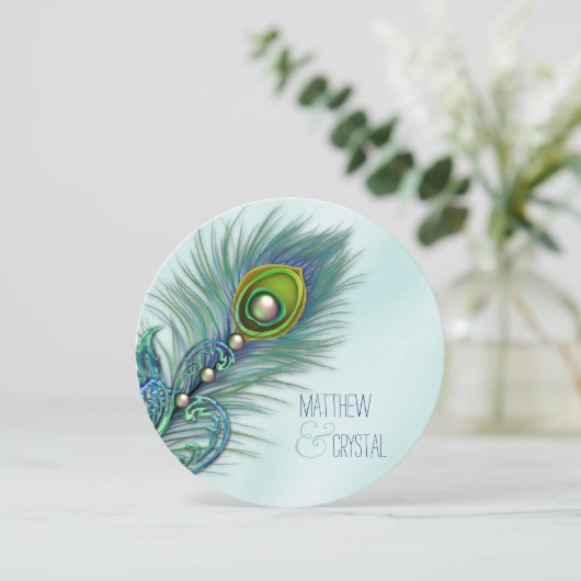 Lila und Aquamarine Blue Peacock-Hochzeit Einladung (Stehend Vorderseite)