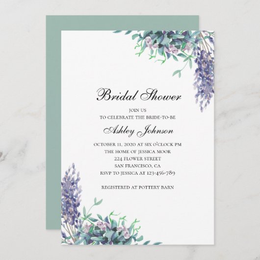 Lila und aquamarine Blume. Brautdusche Einladung (Vorne/Hinten)