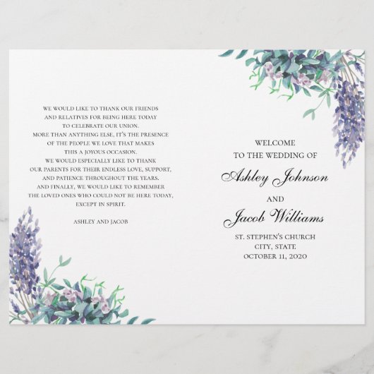 Lila und aquamarine Blume. Hochzeitsprogramm gefal (Vorderseite)