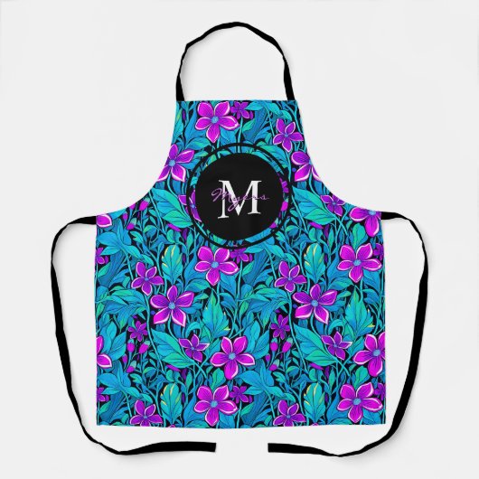Lila und Aquamarine Blume und Personalisierte Foli Schürze (Vorderseite)