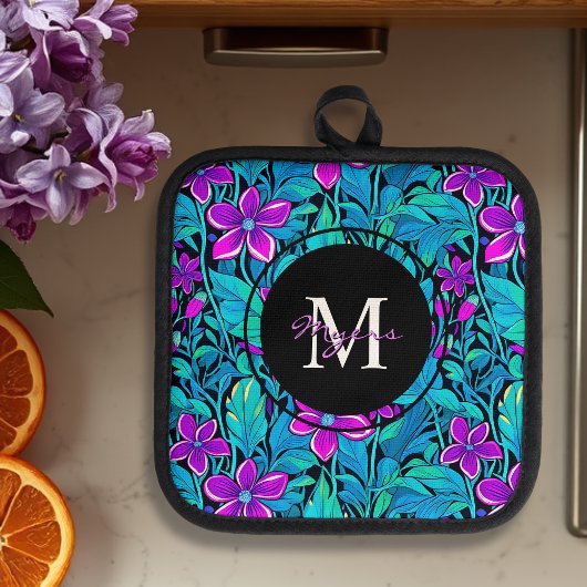 Lila und Aquamarine Blume und Personalisierte Foli Topflappen