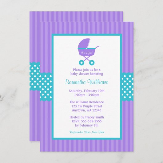 Lila und Aquamarine Carriage Strip Dots Babydusche Einladung (Vorne/Hinten)