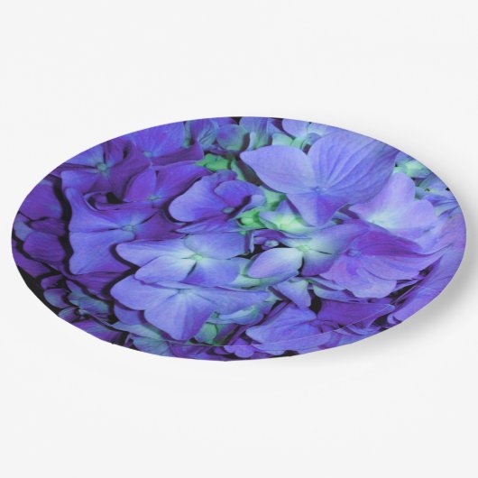 Lila und aquamarine Hydrangea, lila blaue Blumen Pappteller (Schrägansicht)