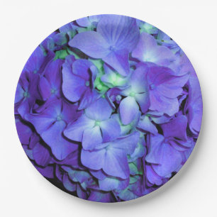 Lila und aquamarine Hydrangea, lila blaue Blumen Pappteller