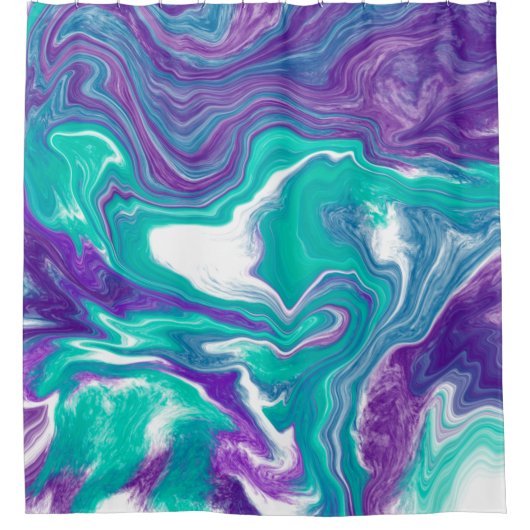 Lila und aquamarine Marmorflüssigkeitskunst Duschvorhang (Vorderseite)