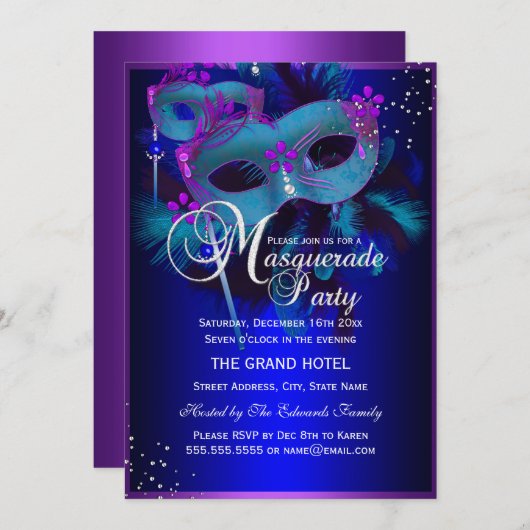 Lila und Aquamarine Maskerade Party einladen Einladung (Vorne/Hinten)