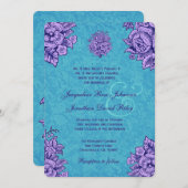 Lila und Aquamarine Vintage Blume Hochzeit V33 Einladung (Vorne/Hinten)