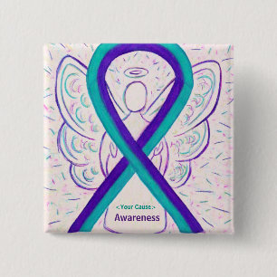 Lila und Aquamarines Awareness-Ribbon-Engel-Button Button
