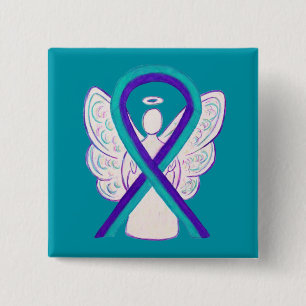 Lila und Aquamarines Awareness-Ribbon-Engel-Button Button
