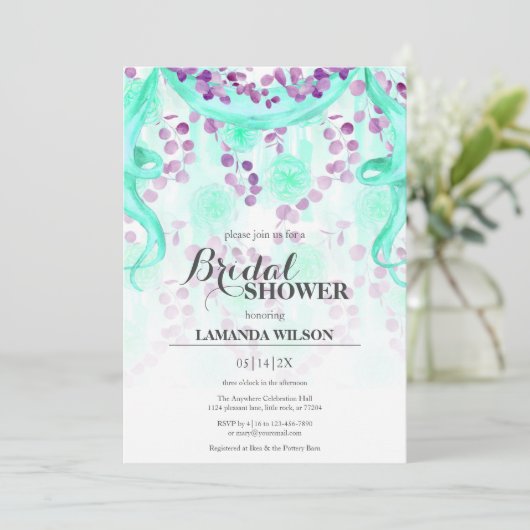Lila und Aquamarines Banner-Brautparty Einladung (Stehend Vorderseite)